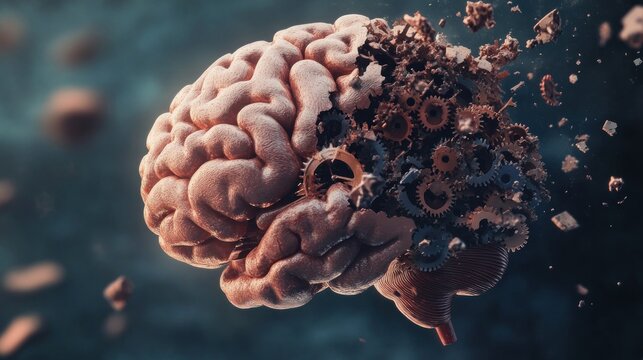 A human brain, partially decaying, reveals internal gears breaking apart
