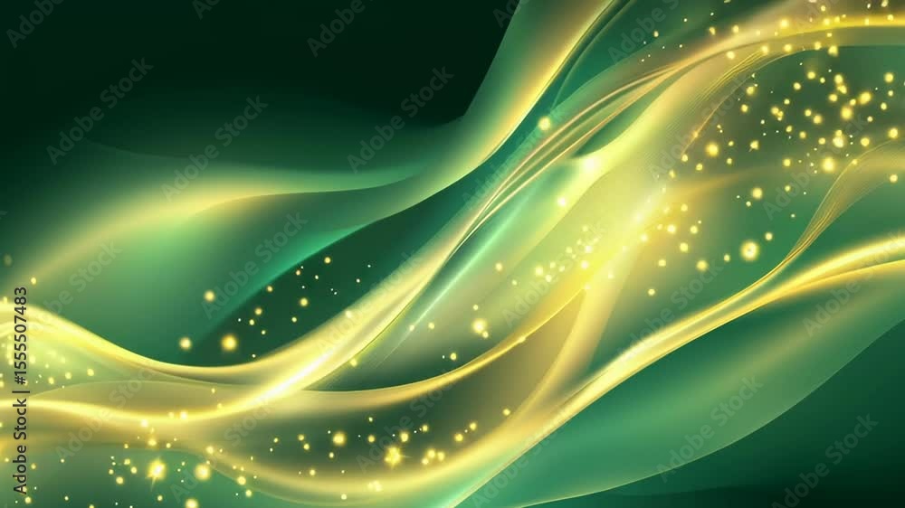 Poster a green and yellow wave with many small dots on it. the dots are shining and the wave is flowing