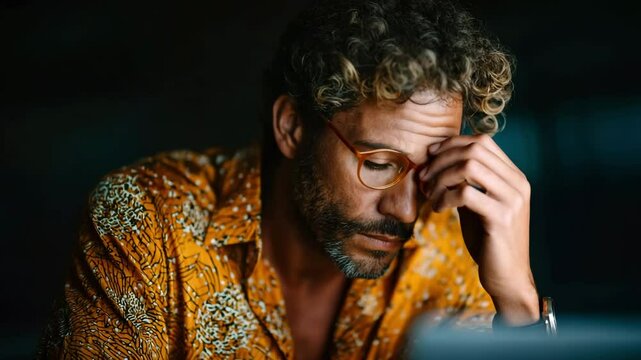 Man wearing glasses and patterned shirt looking tired and thoughtful with curly hair focused on work