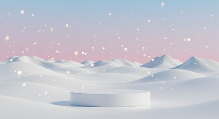 Minimalist White Cylindrical Podium in Surreal Snowy Landscape with Pastel Sky