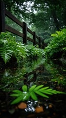Tranquil forest stream reflection
