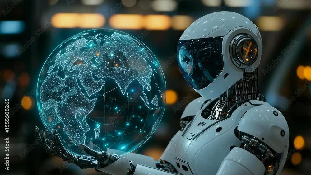Poster a robot is holding a globe in its hand. the robot is white and has a blue face. the globe is glowing