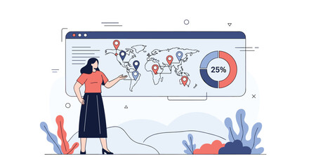 Business analytics professional analyzing global market trends and presenting data insights on a digital dashboard with pie chart and world map visualizations