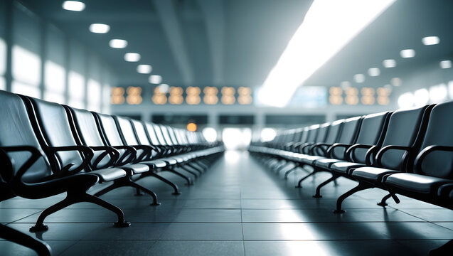 An empty airport lounge bathed in the cold light of early morning, captured in sharp, cinematic detail. Rows of chairs lead the eye towards a bright window.
