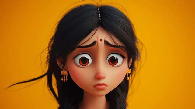A cartoon girl with long black hair and gold earrings is looking down. The girl's expression is sad and her eyes are closed