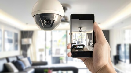 Homeowner setting up a security camera system with smartphone.