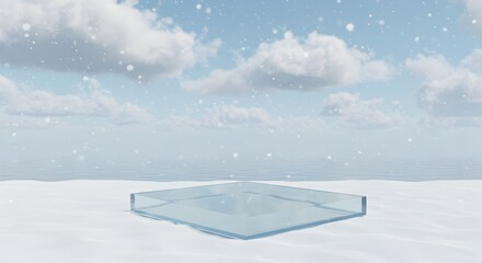 Minimalist Transparent Glass Platform on Snowy Ground