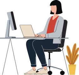 Woman Working at Desk with Laptop and Monitor