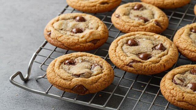 Deliciously Freshly Baked Chocolate Chip Cookies on Cooling Rack Perfect for Homemade Dessert and Snack