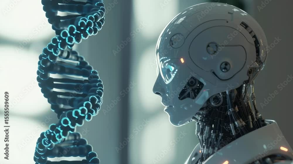 Poster a robot with a white face and a blue head is looking at a dna strand. the robot is surrounded by a b