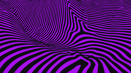 Vector illustration displays abstract, wavy black lines over a vibrant purple background. The image follows the optical art (op-art) style, which is popular for its bold, psychedelic patterns.