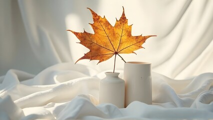 Autumn Still Life Orange Maple Leaf in White Vase on Draped Fabric