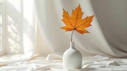 Autumn Still Life Orange Maple Leaf in a White Vase