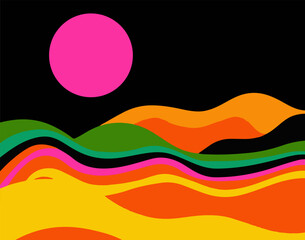 Vector illustration shows a vibrant abstract landscape with wavy hills, a bold pink sun, and a black sky. The style is retro-modern, using popular neon and bright colors: pink, orange, yellow.
