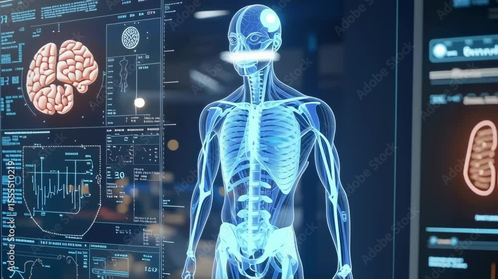 Poster a computer monitor displays a human skeleton and a brain. the skeleton is shown in a hospital settin