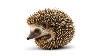 Obraz premium Cute hedgehog curled up on a white background showcases its spiky quills and endearing face in a delightful animal portrait.