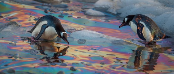 Gentoo Penguins Nesting Together Amidst Rainbow Oil Sheen on Antarctic Ice