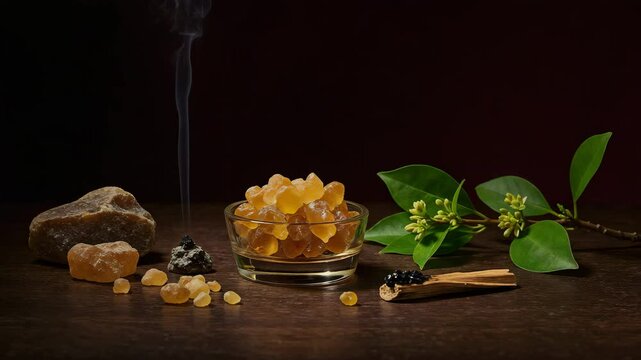 Natural copaiba resin is displayed in a glass bowl, showcasing its golden hues. Surrounding elements include raw rocks, fragrant leaves, and smoke, emphasizing its role in crafting perfumes.