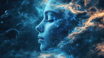 Serene Woman's Profile in Cosmic Blue and Orange Nebula