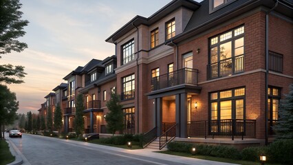 Modern Townhouses with Warm Lights at Dusk
