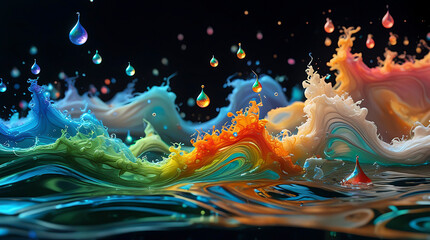 Vibrant Iridescent Water Waves and Splashes, Colorful Liquid Motion