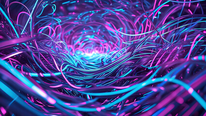 Glowing Neon Optical Fiber Cables, High-Speed Data Network
