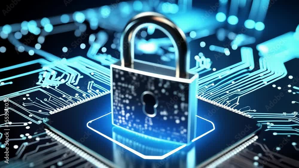 Poster padlock on motherboard symbolizing secure data, cybersecurity technology, computer hardware, digital