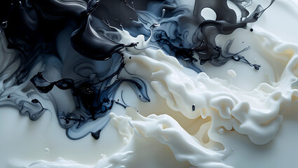 Black Ink Mixing in White Liquid, Abstract Monochromatic Fluid