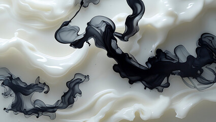 Black Ink Mixing in White Liquid, Abstract Monochromatic Fluid