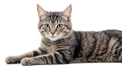 Obraz premium A beautiful tabby cat lounges gracefully against a clean, white backdrop, showcasing its lovely striped fur and bright green eyes.