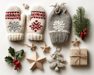 Christmas decoration. Cozy winter accessories and decorations arranged beautifully.