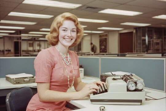 Vintage 1960s office setting with smiling woman typist and retro typewriter encapsulating classic mid-century workplace ambiance, perfect for exploring historical business and technology themes