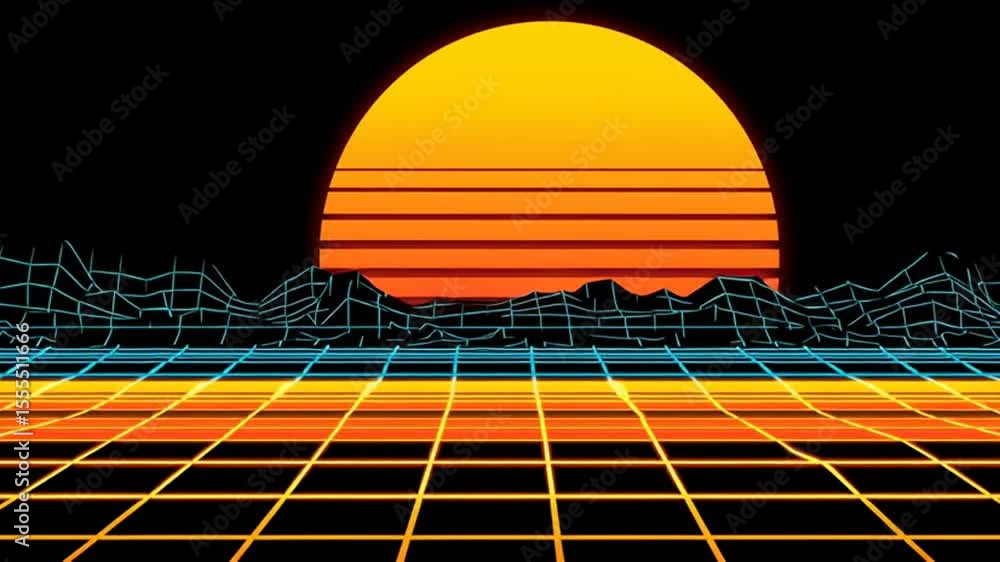 Poster vibrant sunset over grid landscape with geometric patterns generative ai