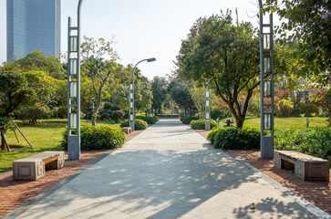 A wide, clean pedestrian walkway lined with benches, streetlights in a modern urban park with...