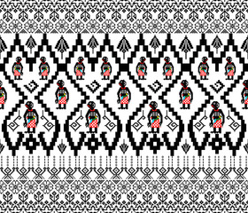 Traditional Thai shadow puppet textile pattern in pixel art style, featuring southern Thai cultural...