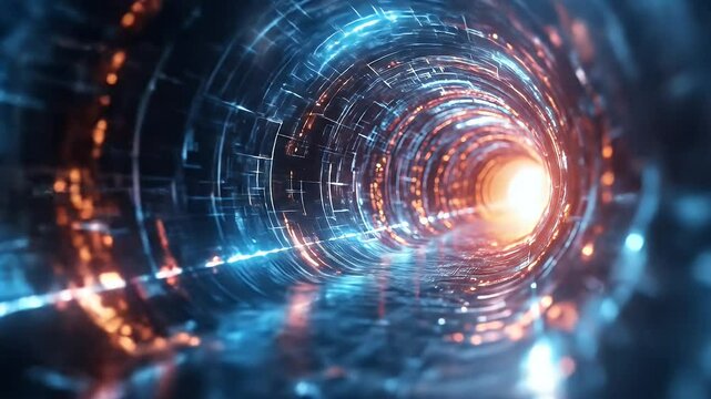 Glowing Futuristic Technology Tunnel with Blue and Orange Lights Abstract Background and Science Fiction Theme for Adobe Stock Photo