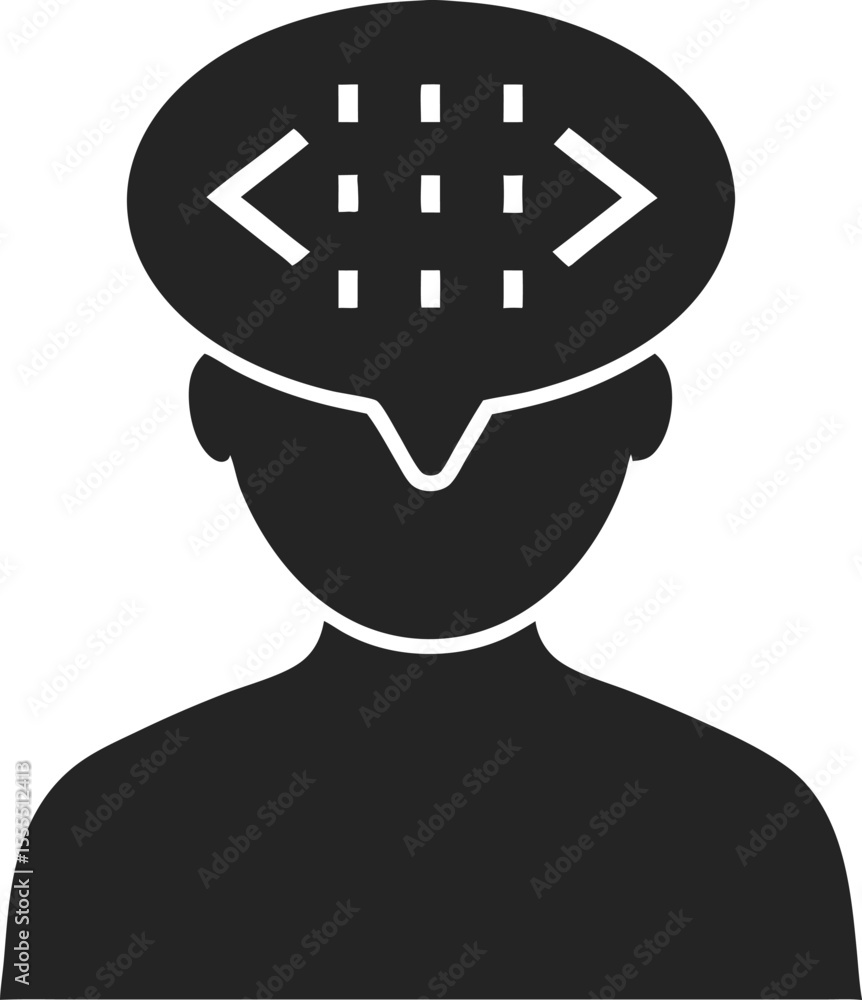 Poster a person's profile with a speech bubble representing coding and communication