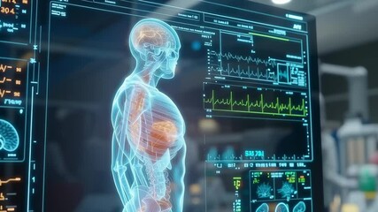A man's body is displayed on a computer monitor, with a heart and lungs shown in detail. Concept of scientific exploration and medical technology - Powered by Adobe