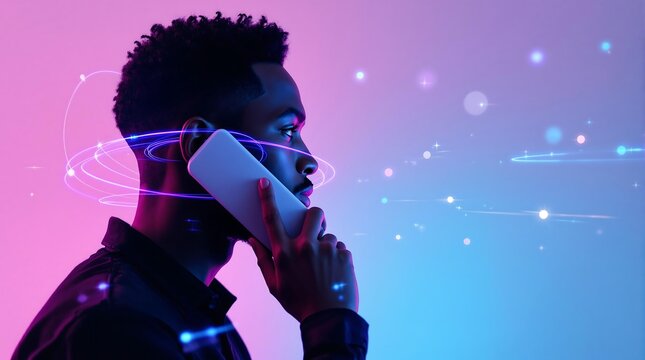 Man using smartphone with neon lights technology communication mobile device connection network call 5g data - Powered by Adobe