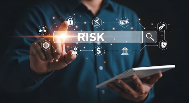 Businessman touching risk word on a digital interface presenting financial concepts