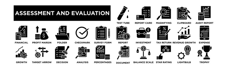 Assessment And Evaluation icon set. Editable Stroke Icon Collection. Test Tube, Report Card, Magnifying Glass, Clipboard Check, Audit Report, Financial Report, Investment Portfolio, Tax Return, Revenu