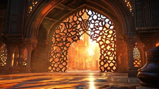 Ornate archway in a sunlit ancient hall