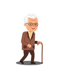illustration of a happy elderly man walking with a cane. Smiling grandfather character in brown suit, wearing glasses, perfect for senior care themes