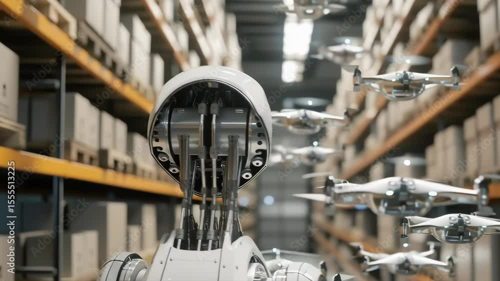 Aufkleber a robot is standing in a warehouse with many drones flying around it. the robot is looking at the dr