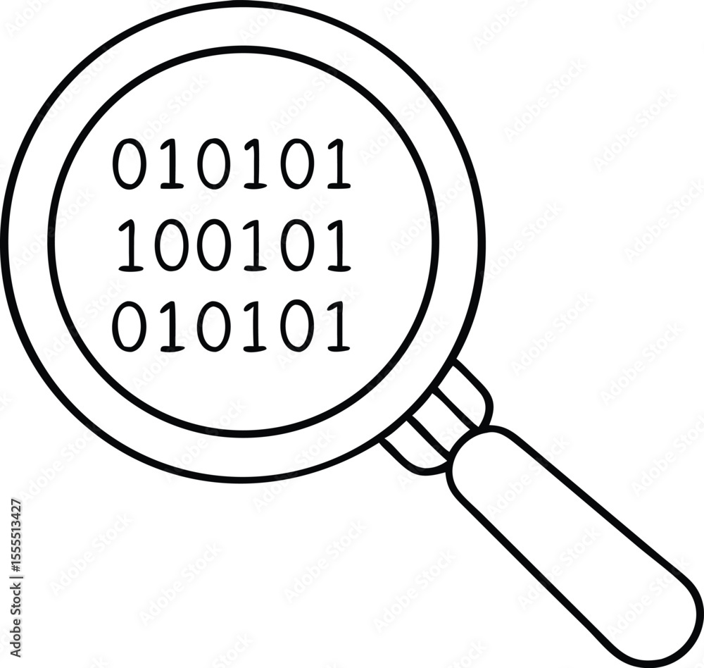 Poster silhouette of a magnifying glass focusing on binary code depicting data analysis