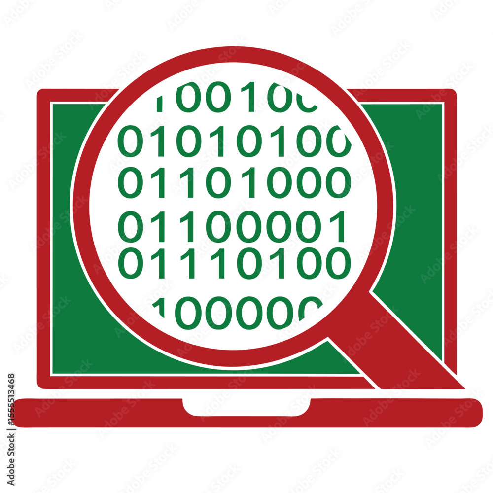 Aufkleber data analysis concept binary code displayed through magnifying glass and laptop