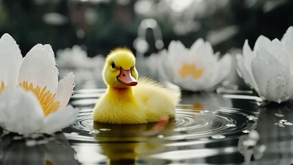 A fluffy yellow duckling swims serenely amidst pristine white water lilies on a dark, still pond