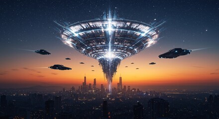 Futuristic cityscape under the arrival of a massive alien spacecraft and flying vehicles
