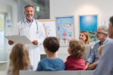 Fototapeta premium Friendly Pediatrician Engaging with Families During a Health Education Session at a Modern Medical Clinic for Enhanced Understanding and Community Engagement