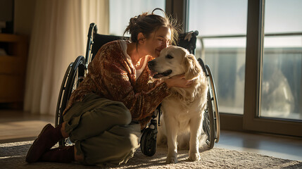 A young woman in a wheelchair warmly greeted by her loyal service dog in a sunlit room, emotional connection